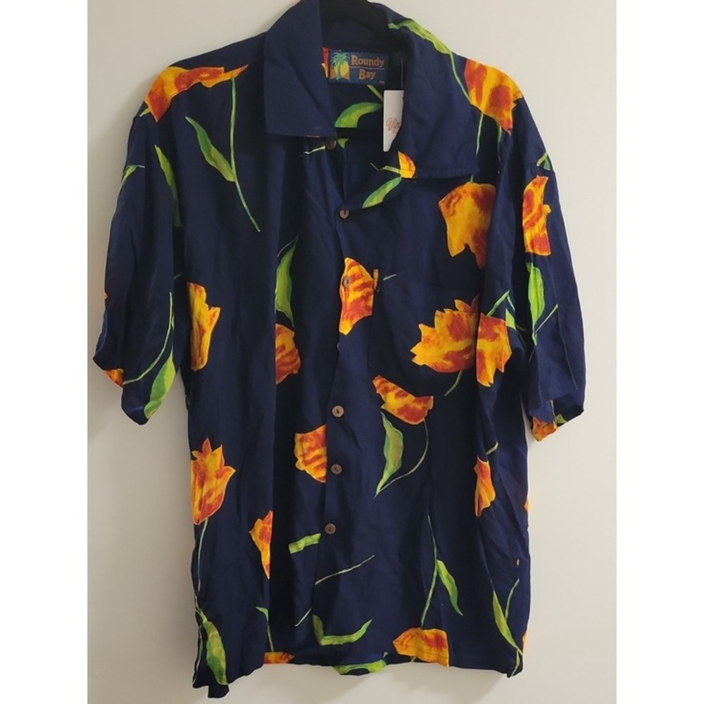 Roundy BAY Men's Navy Floral HAWAII Short-Sleeve Shirt SIZE XL